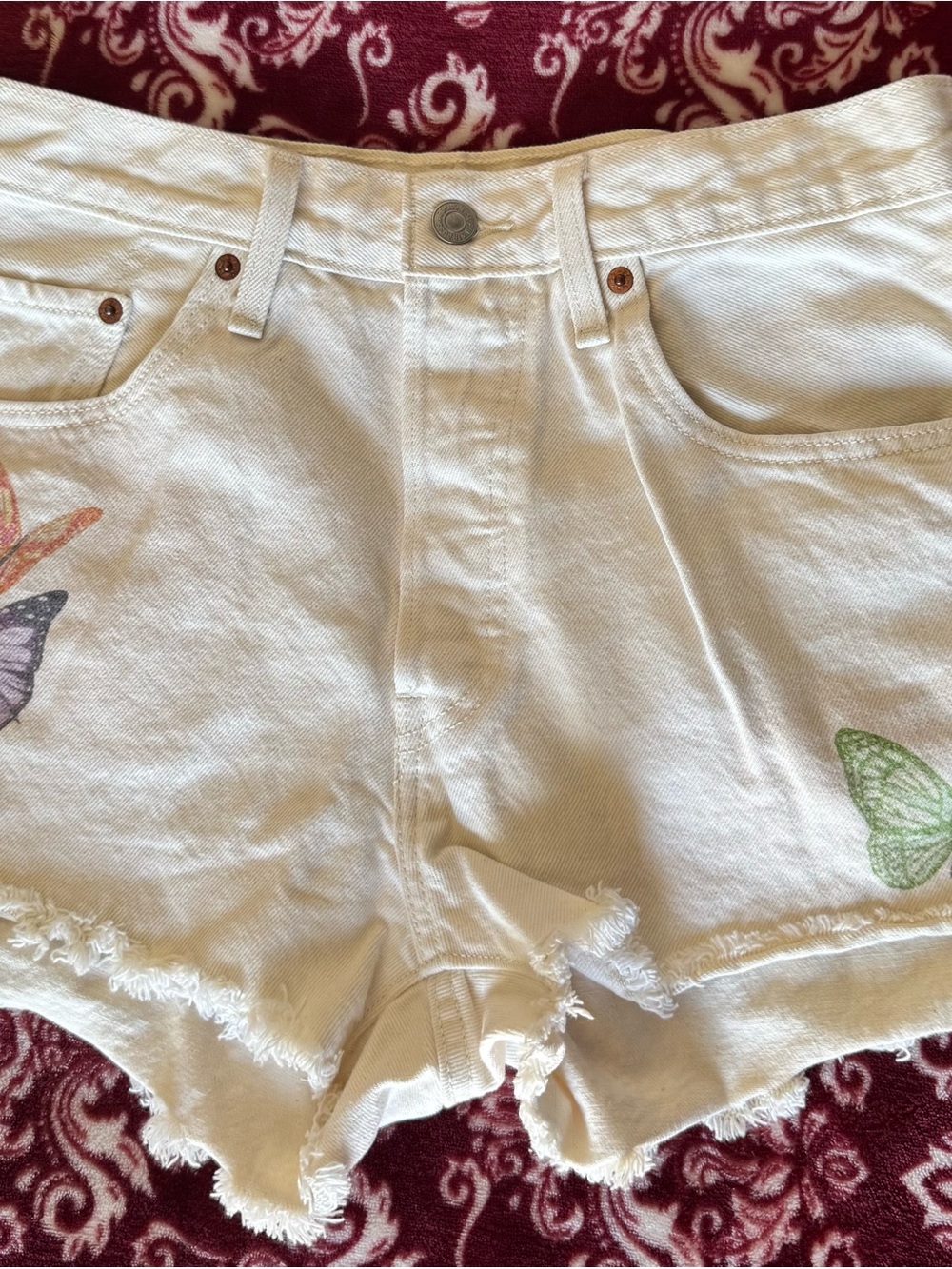 Levi's White Denim Shorts with Multicolor Butterfly Accents